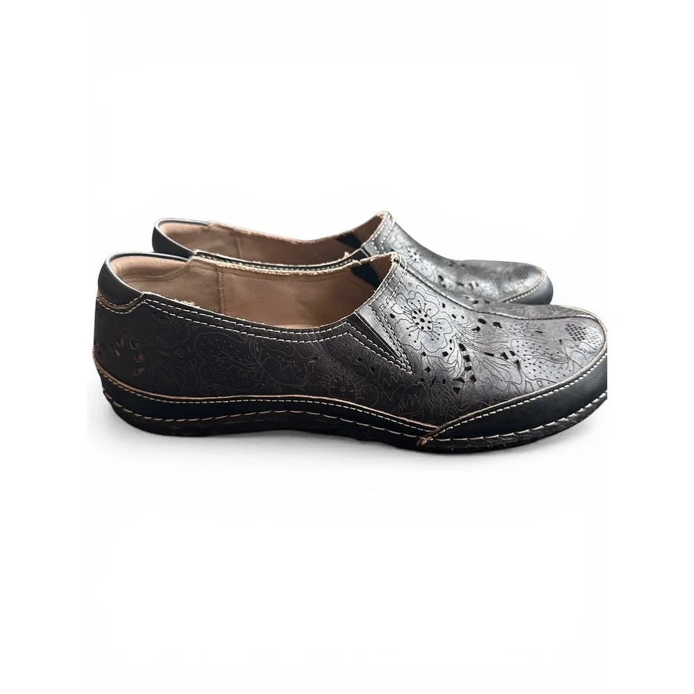 Spring Step L'Artiste Loafers Women 39 Black Excellent Floral Laser Cut Leather